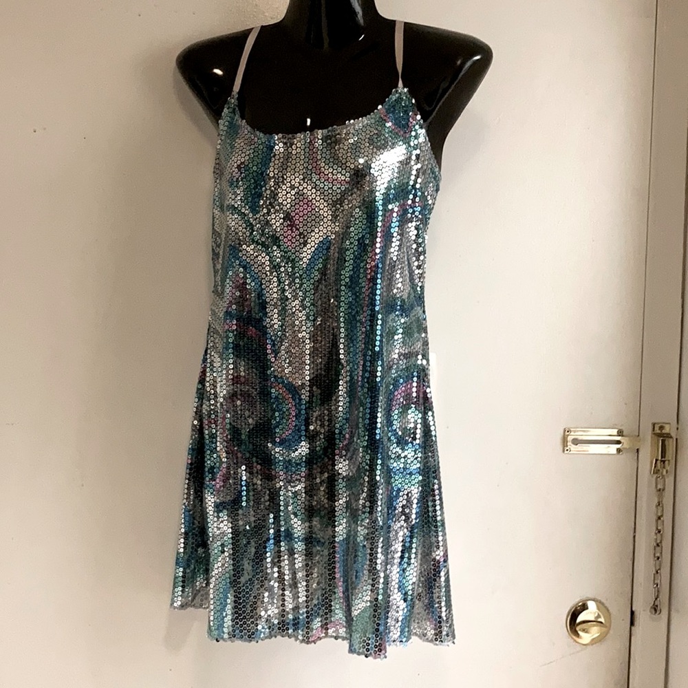 Disco minidress, mermaid colored sequins